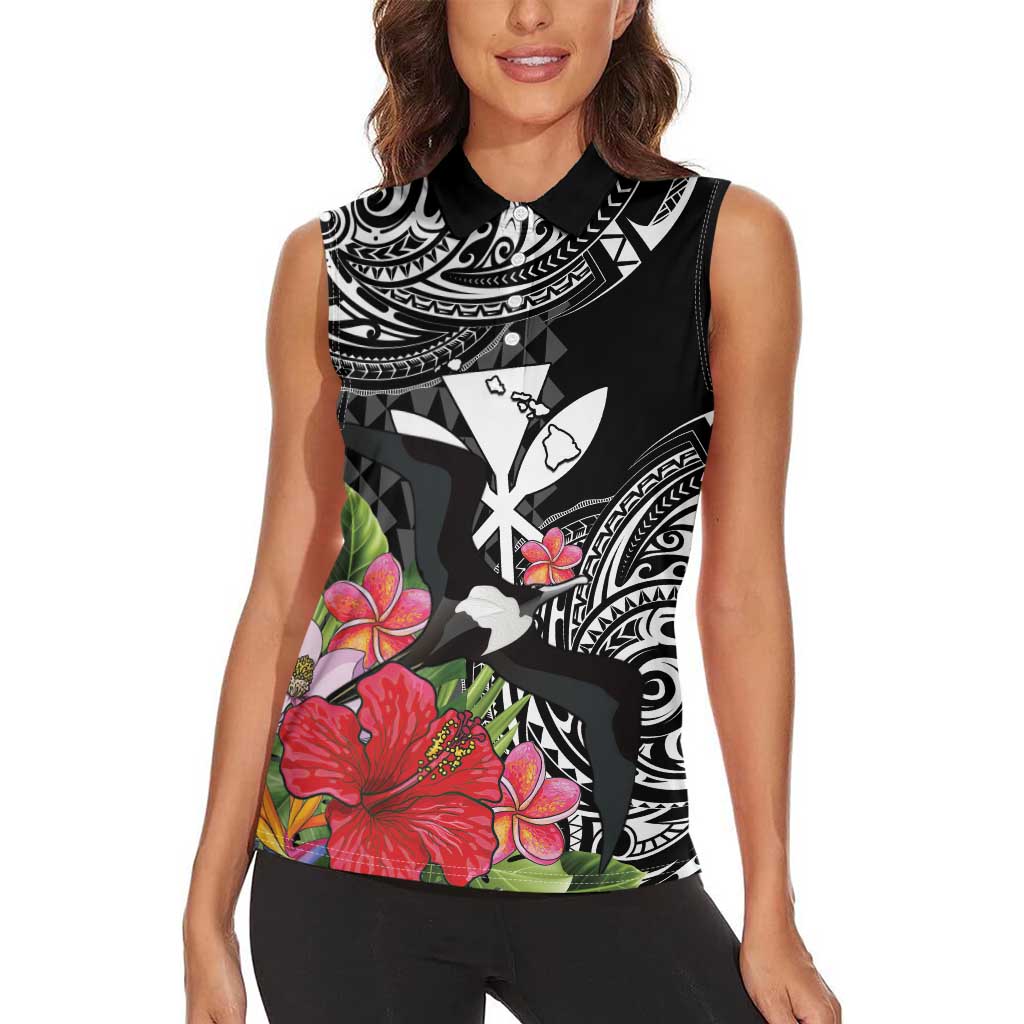 Hawaii Iwa Bird Women Sleeveless Polo Shirt Great Frigatebird Kanaka Tropical Flowers LT14 - Polynesian Pride