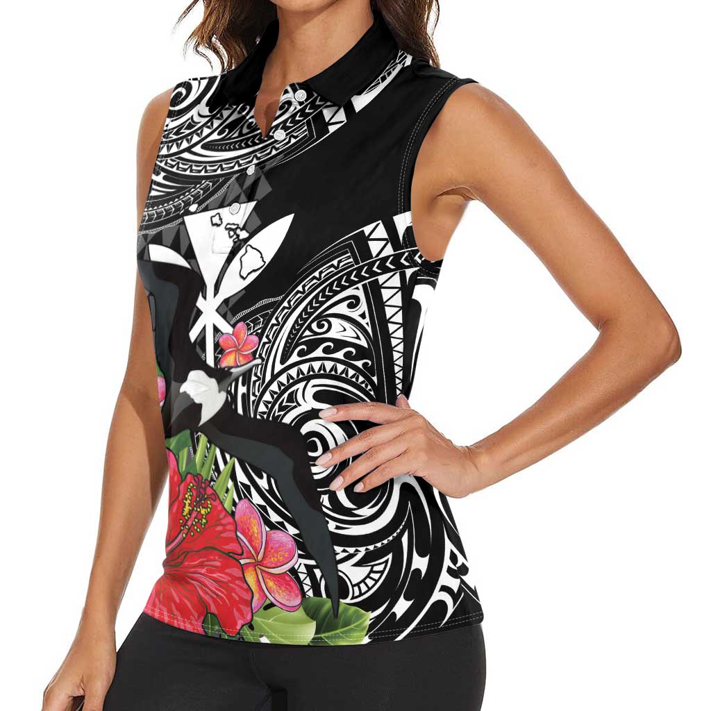Hawaii Iwa Bird Women Sleeveless Polo Shirt Great Frigatebird Kanaka Tropical Flowers LT14 - Polynesian Pride