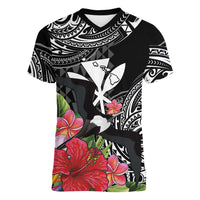 Hawaii Iwa Bird Women V-Neck T-Shirt Great Frigatebird Kanaka Tropical Flowers LT14 Female Black - Polynesian Pride