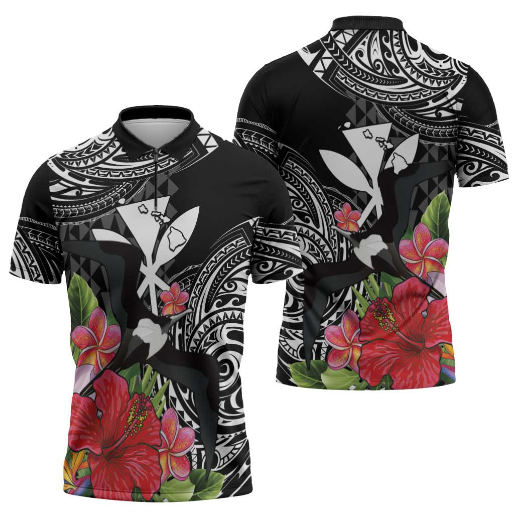 Hawaii Iwa Bird Zipper Polo Shirt Great Frigatebird Kanaka Tropical Flowers - Polynesian Pride