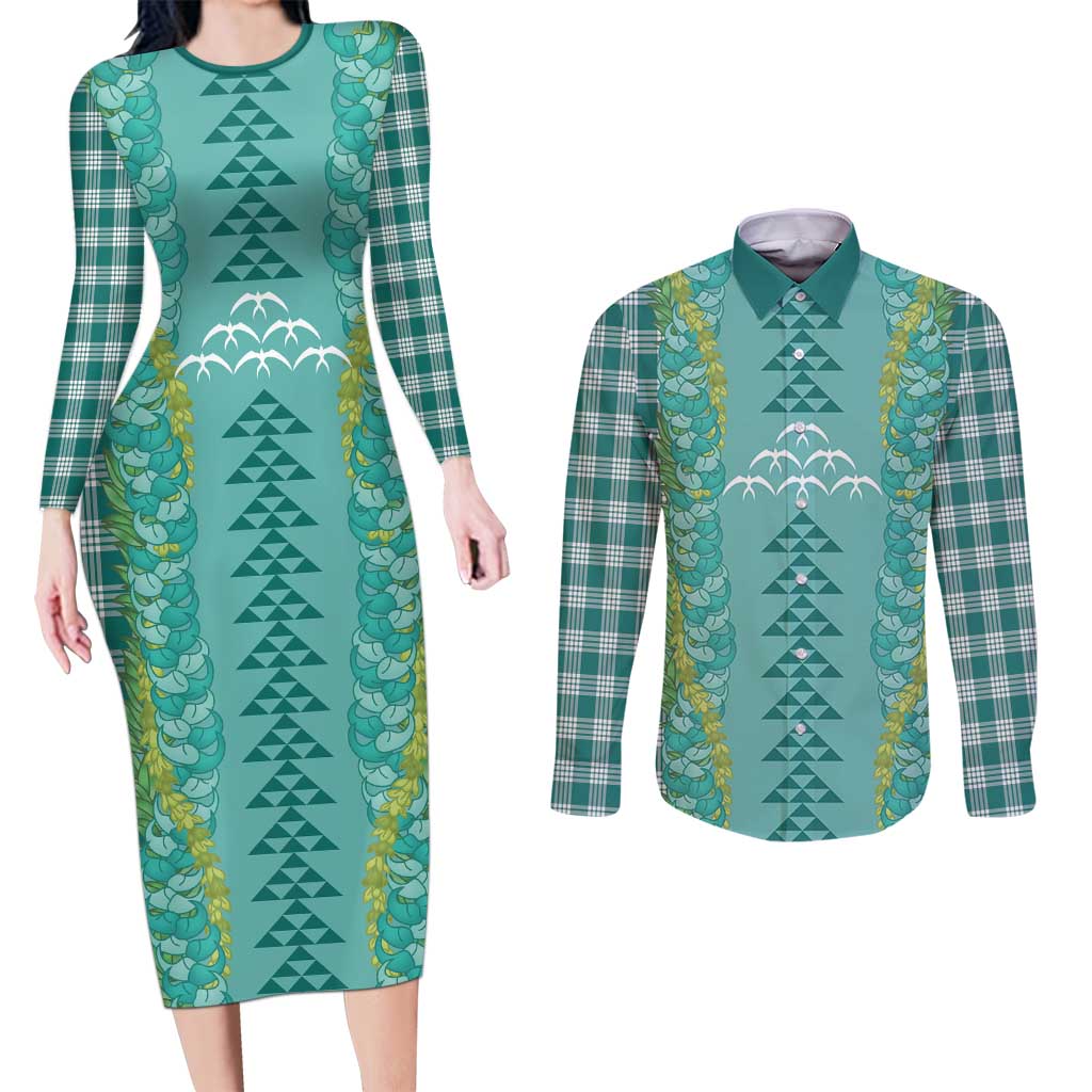 Teal Palaka Hawaii Iwa Bird Couples Matching Long Sleeve Bodycon Dress and Long Sleeve Button Shirt Hawaiian Kakau Jade Vine Lei LT14 Teal - Polynesian Pride