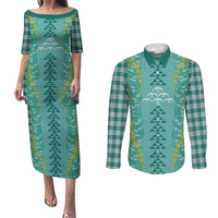 Teal Palaka Hawaii Iwa Bird Couples Matching Puletasi and Long Sleeve Button Shirt Hawaiian Kakau Jade Vine Lei - Polynesian Pride