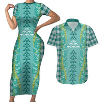 Teal Palaka Hawaii Iwa Bird Couples Matching Short Sleeve Bodycon Dress and Hawaiian Shirt Hawaiian Kakau Jade Vine Lei LT14 Teal - Polynesian Pride