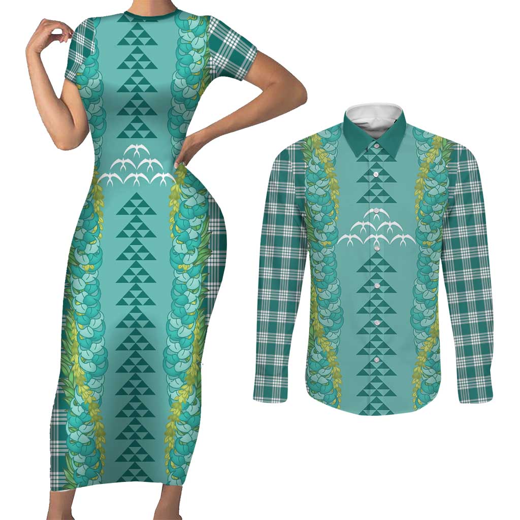 Teal Palaka Hawaii Iwa Bird Couples Matching Short Sleeve Bodycon Dress and Long Sleeve Button Shirt Hawaiian Kakau Jade Vine Lei LT14 Teal - Polynesian Pride