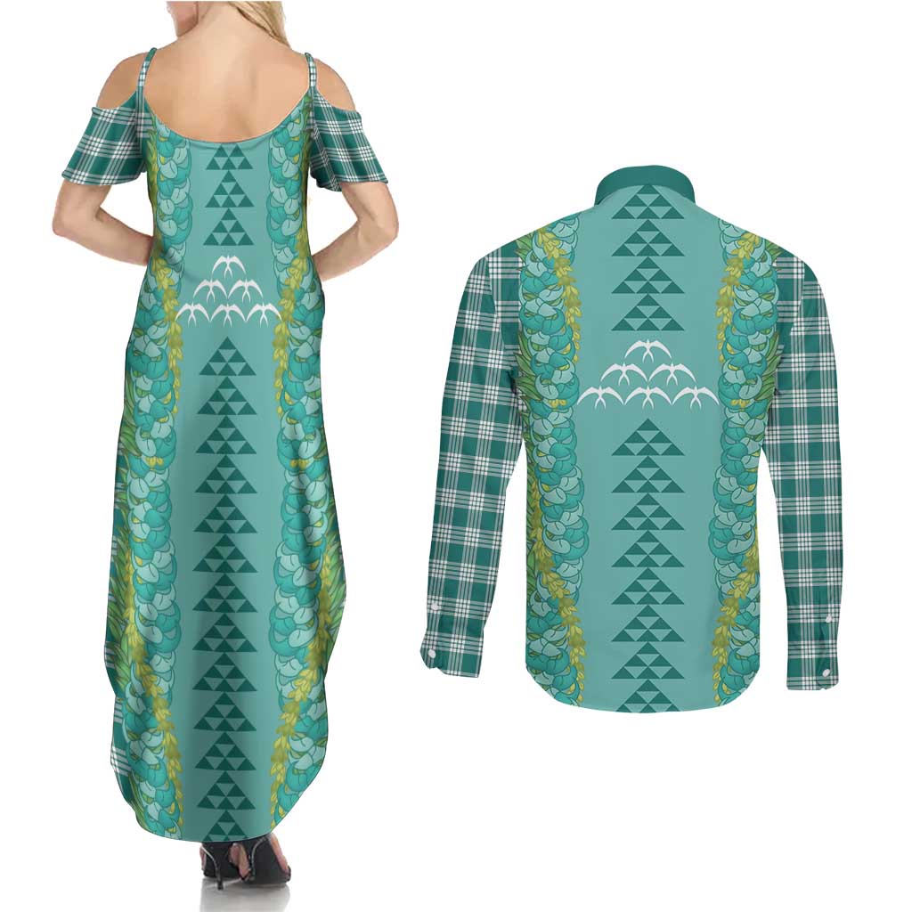 Teal Palaka Hawaii Iwa Bird Couples Matching Summer Maxi Dress and Long Sleeve Button Shirt Hawaiian Kakau Jade Vine Lei - Polynesian Pride