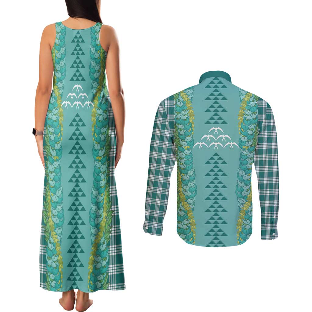Teal Palaka Hawaii Iwa Bird Couples Matching Tank Maxi Dress and Long Sleeve Button Shirt Hawaiian Kakau Jade Vine Lei LT14 - Polynesian Pride