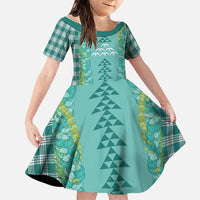 Teal Palaka Hawaii Iwa Bird Family Matching Long Sleeve Bodycon Dress and Hawaiian Shirt Hawaiian Kakau Jade Vine Lei LT14 Daughter's Dress Teal - Polynesian Pride