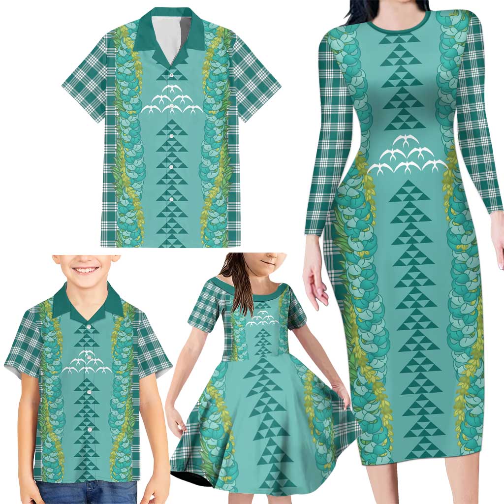 Teal Palaka Hawaii Iwa Bird Family Matching Long Sleeve Bodycon Dress and Hawaiian Shirt Hawaiian Kakau Jade Vine Lei LT14 - Polynesian Pride