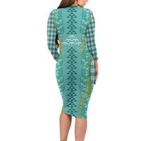 Teal Palaka Hawaii Iwa Bird Family Matching Long Sleeve Bodycon Dress and Hawaiian Shirt Hawaiian Kakau Jade Vine Lei LT14 - Polynesian Pride
