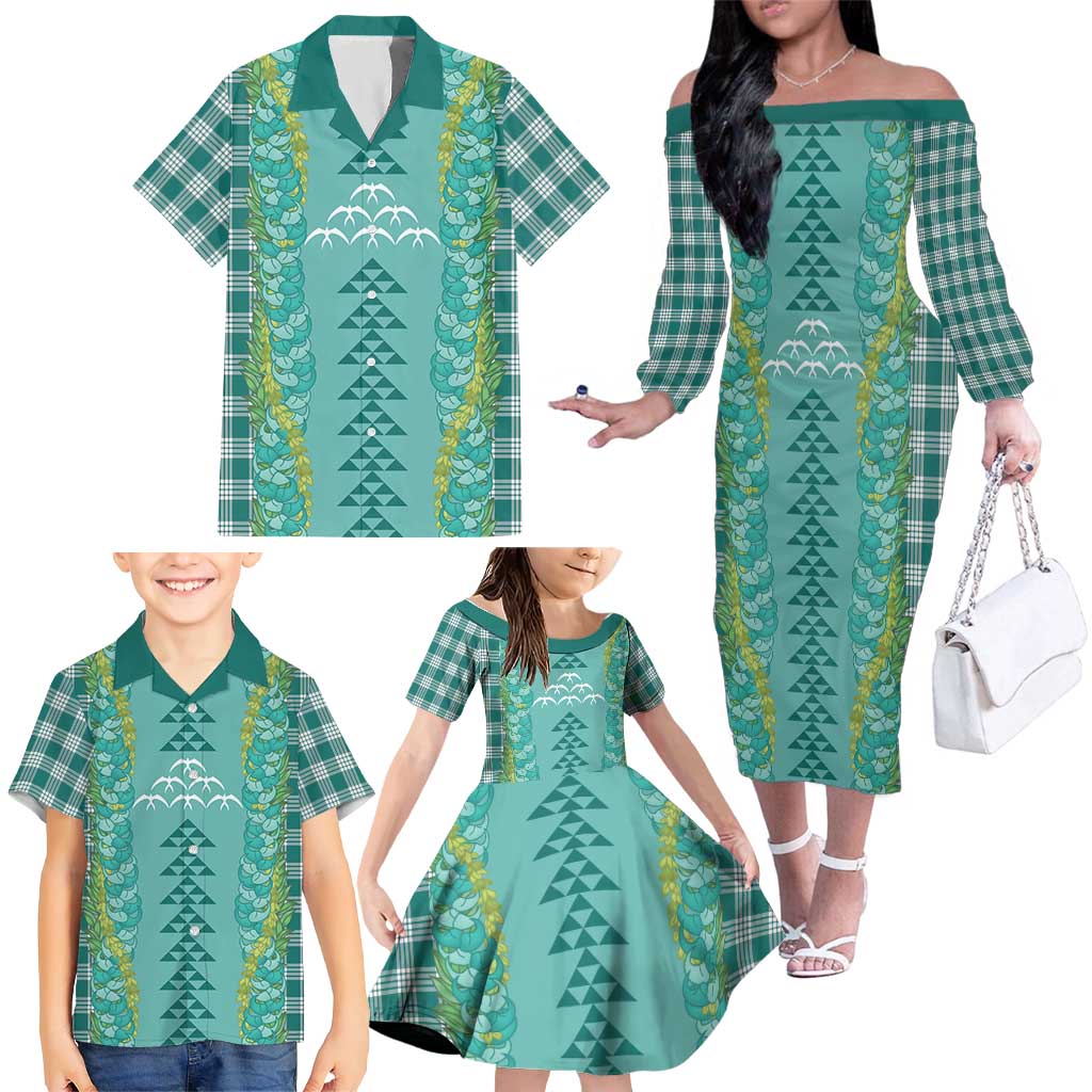 Teal Palaka Hawaii Iwa Bird Family Matching Off The Shoulder Long Sleeve Dress and Hawaiian Shirt Hawaiian Kakau Jade Vine Lei LT14 - Polynesian Pride