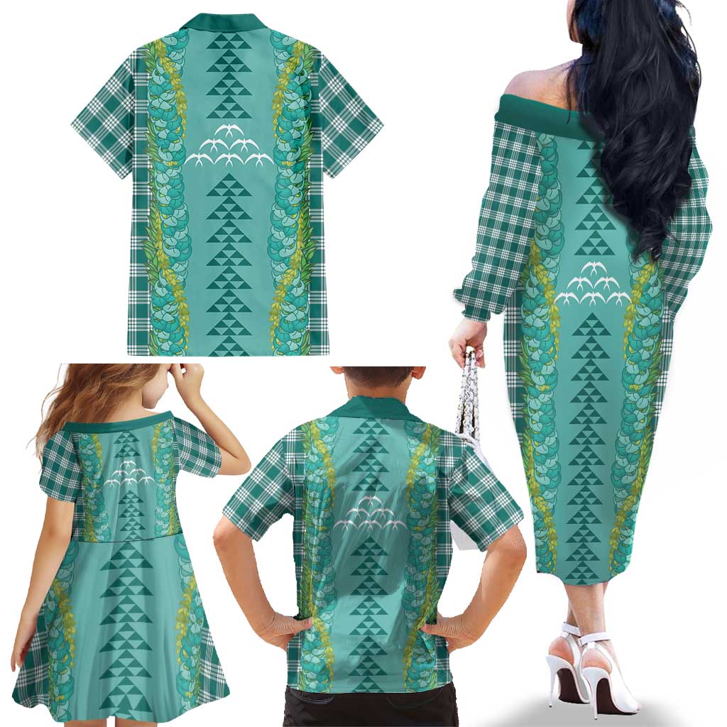 Teal Palaka Hawaii Iwa Bird Family Matching Off The Shoulder Long Sleeve Dress and Hawaiian Shirt Hawaiian Kakau Jade Vine Lei LT14 - Polynesian Pride