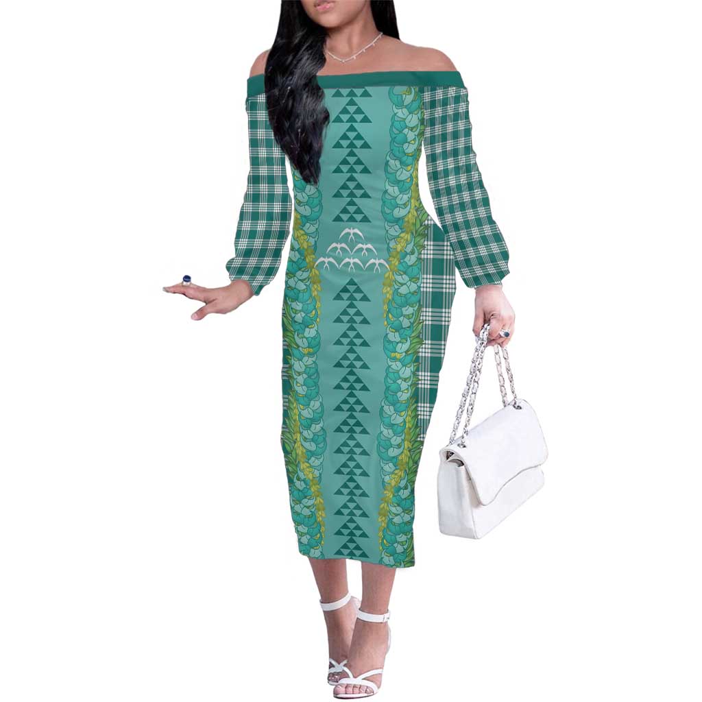 Teal Palaka Hawaii Iwa Bird Family Matching Off The Shoulder Long Sleeve Dress and Hawaiian Shirt Hawaiian Kakau Jade Vine Lei LT14 Mom's Dress Teal - Polynesian Pride