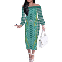 Teal Palaka Hawaii Iwa Bird Family Matching Off The Shoulder Long Sleeve Dress and Hawaiian Shirt Hawaiian Kakau Jade Vine Lei LT14 Mom's Dress Teal - Polynesian Pride