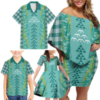 Teal Palaka Hawaii Iwa Bird Family Matching Off Shoulder Short Dress and Hawaiian Shirt Hawaiian Kakau Jade Vine Lei LT14 - Polynesian Pride