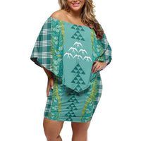 Teal Palaka Hawaii Iwa Bird Family Matching Off Shoulder Short Dress and Hawaiian Shirt Hawaiian Kakau Jade Vine Lei LT14 Mom's Dress Teal - Polynesian Pride