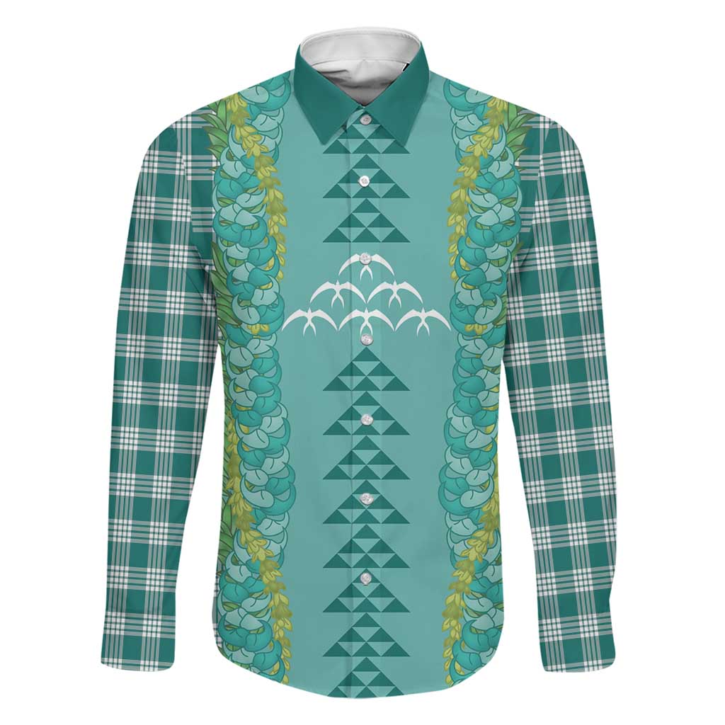 Teal Palaka Hawaii Iwa Bird Family Matching Puletasi and Hawaiian Shirt Hawaiian Kakau Jade Vine Lei LT14 Dad's Shirt - Long Sleeve Teal - Polynesian Pride