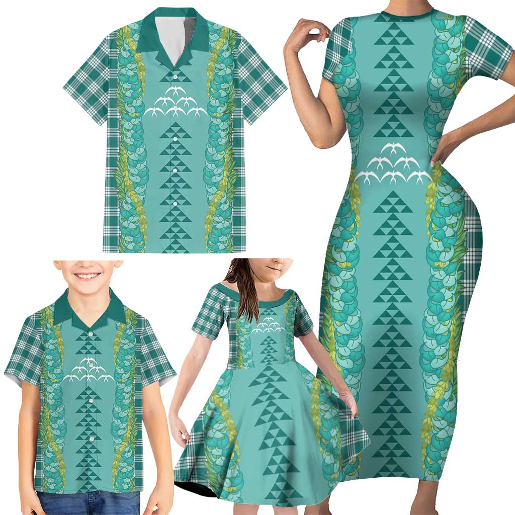 Teal Palaka Hawaii Iwa Bird Family Matching Short Sleeve Bodycon Dress and Hawaiian Shirt Hawaiian Kakau Jade Vine Lei - Polynesian Pride