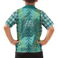 Teal Palaka Hawaii Iwa Bird Family Matching Summer Maxi Dress and Hawaiian Shirt Hawaiian Kakau Jade Vine Lei LT14 - Polynesian Pride