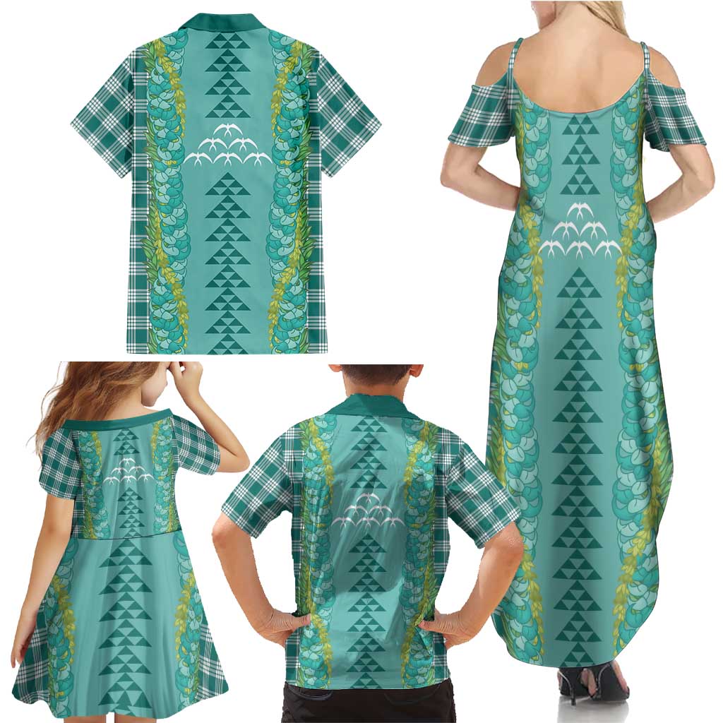 Teal Palaka Hawaii Iwa Bird Family Matching Summer Maxi Dress and Hawaiian Shirt Hawaiian Kakau Jade Vine Lei LT14 - Polynesian Pride