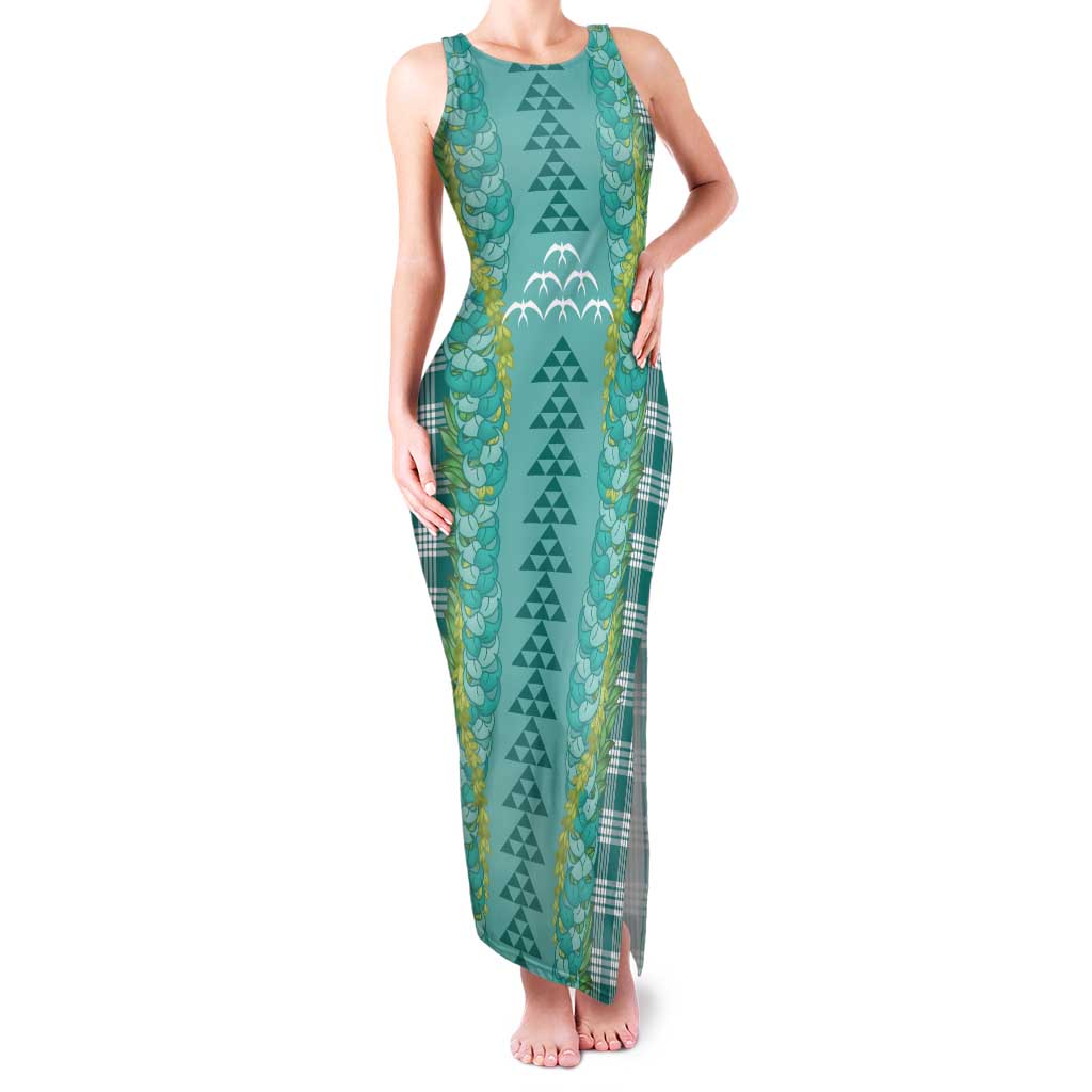 Teal Palaka Hawaii Iwa Bird Family Matching Tank Maxi Dress and Hawaiian Shirt Hawaiian Kakau Jade Vine Lei LT14 Mom's Dress Teal - Polynesian Pride