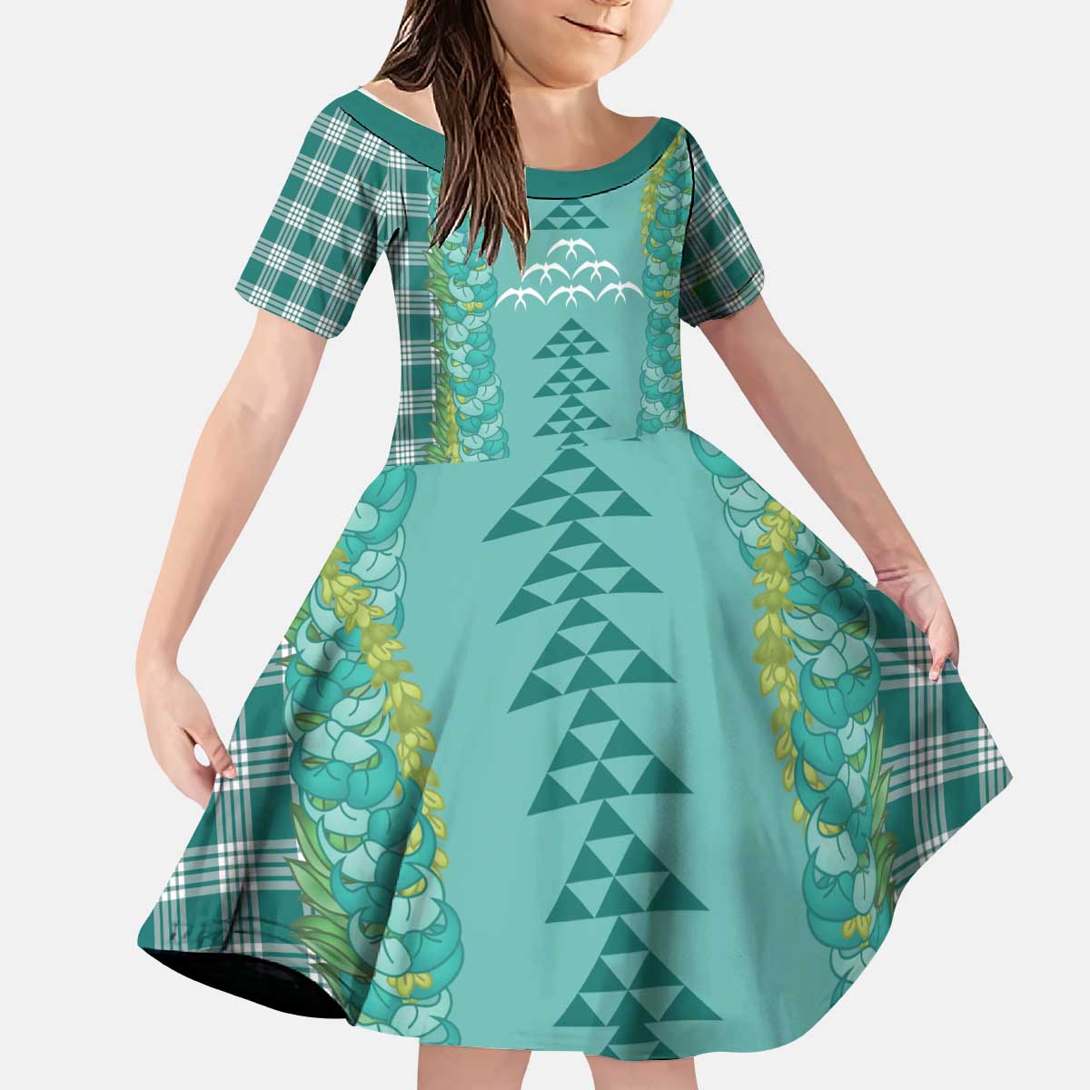 Teal Palaka Hawaii Iwa Bird Kid Short Sleeve Dress Hawaiian Kakau Jade Vine Lei - Polynesian Pride