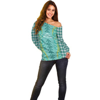 Teal Palaka Hawaii Iwa Bird Off Shoulder Sweater Hawaiian Kakau Jade Vine Lei - Polynesian Pride