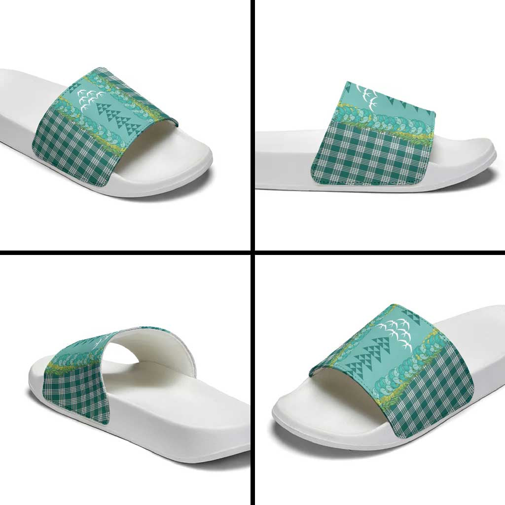 Teal Palaka Hawaii Iwa Bird Slide Sandals Hawaiian Kakau Jade Vine Lei - Polynesian Pride