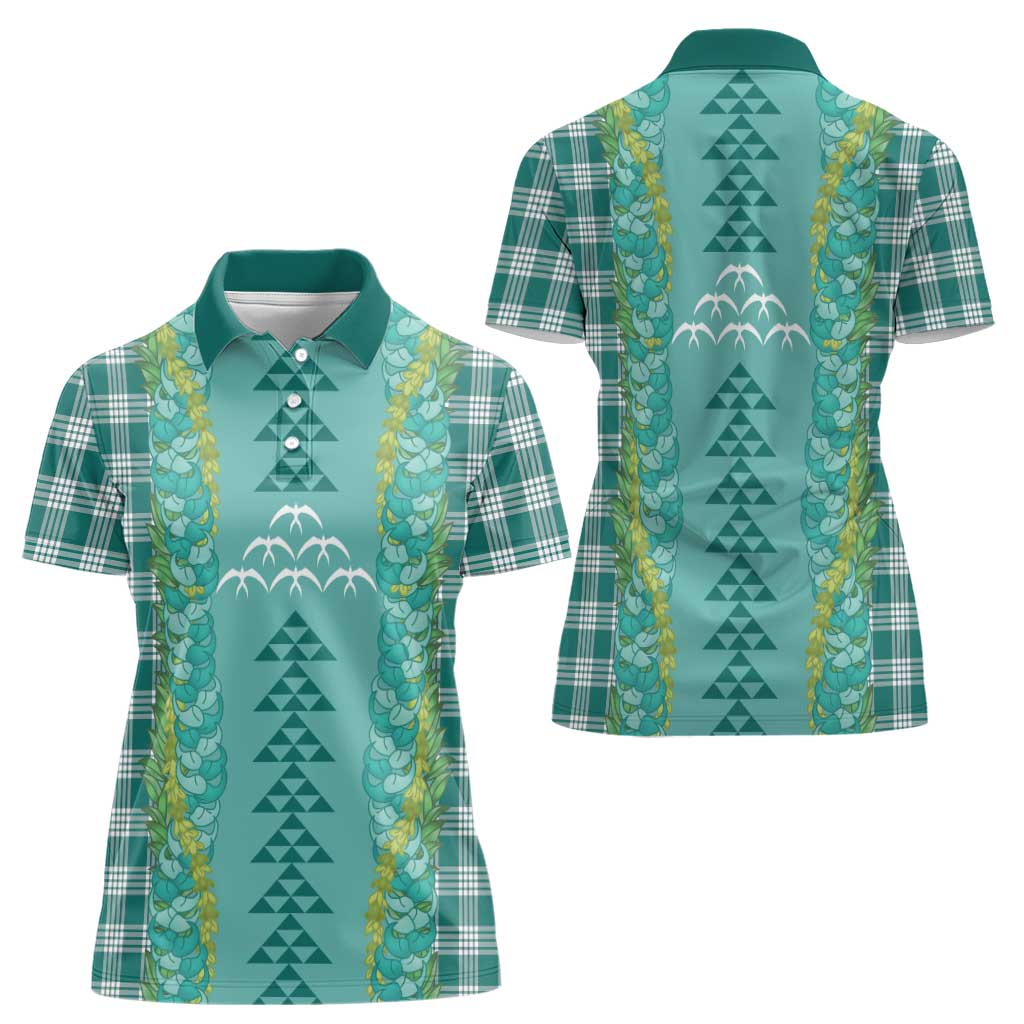 Teal Palaka Hawaii Iwa Bird Women Polo Shirt Hawaiian Kakau Jade Vine Lei - Polynesian Pride
