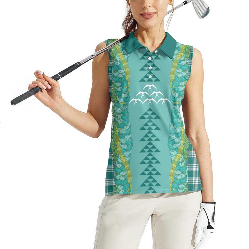 Teal Palaka Hawaii Iwa Bird Women Sleeveless Polo Shirt Hawaiian Kakau Jade Vine Lei LT14 - Polynesian Pride