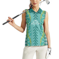 Teal Palaka Hawaii Iwa Bird Women Sleeveless Polo Shirt Hawaiian Kakau Jade Vine Lei LT14 - Polynesian Pride