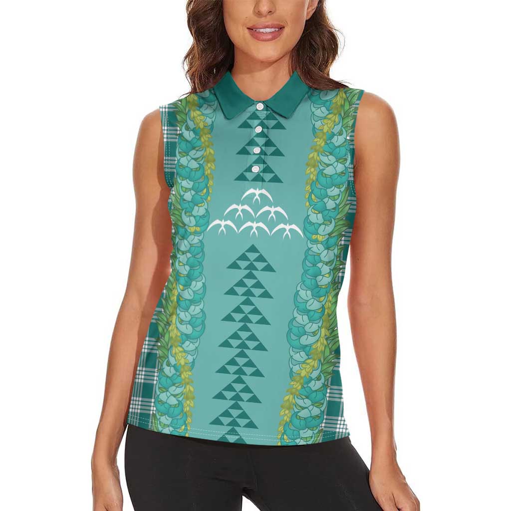 Teal Palaka Hawaii Iwa Bird Women Sleeveless Polo Shirt Hawaiian Kakau Jade Vine Lei LT14 - Polynesian Pride