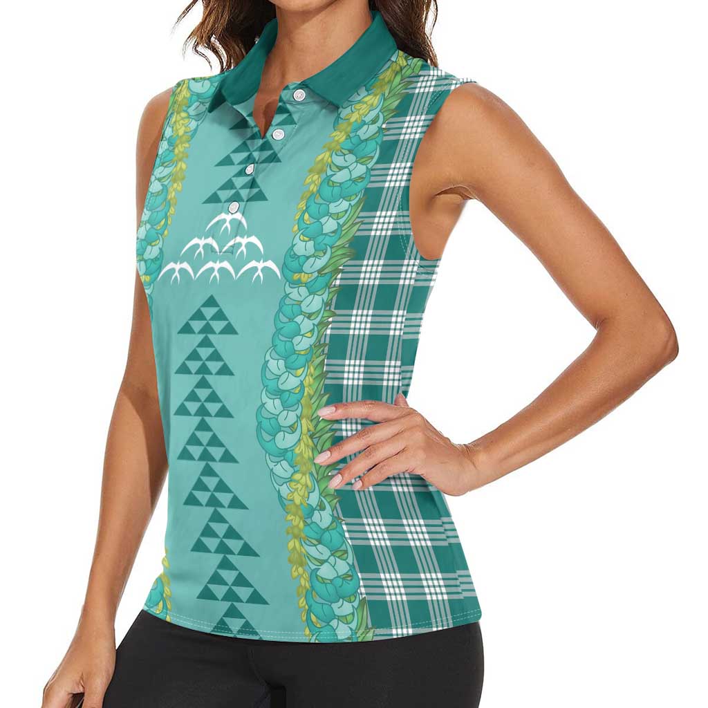 Teal Palaka Hawaii Iwa Bird Women Sleeveless Polo Shirt Hawaiian Kakau Jade Vine Lei LT14 - Polynesian Pride