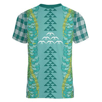 Teal Palaka Hawaii Iwa Bird Women V-Neck T-Shirt Hawaiian Kakau Jade Vine Lei LT14 - Polynesian Pride