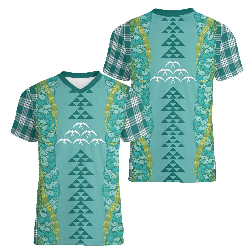 Teal Palaka Hawaii Iwa Bird Women V-Neck T-Shirt Hawaiian Kakau Jade Vine Lei LT14 - Polynesian Pride