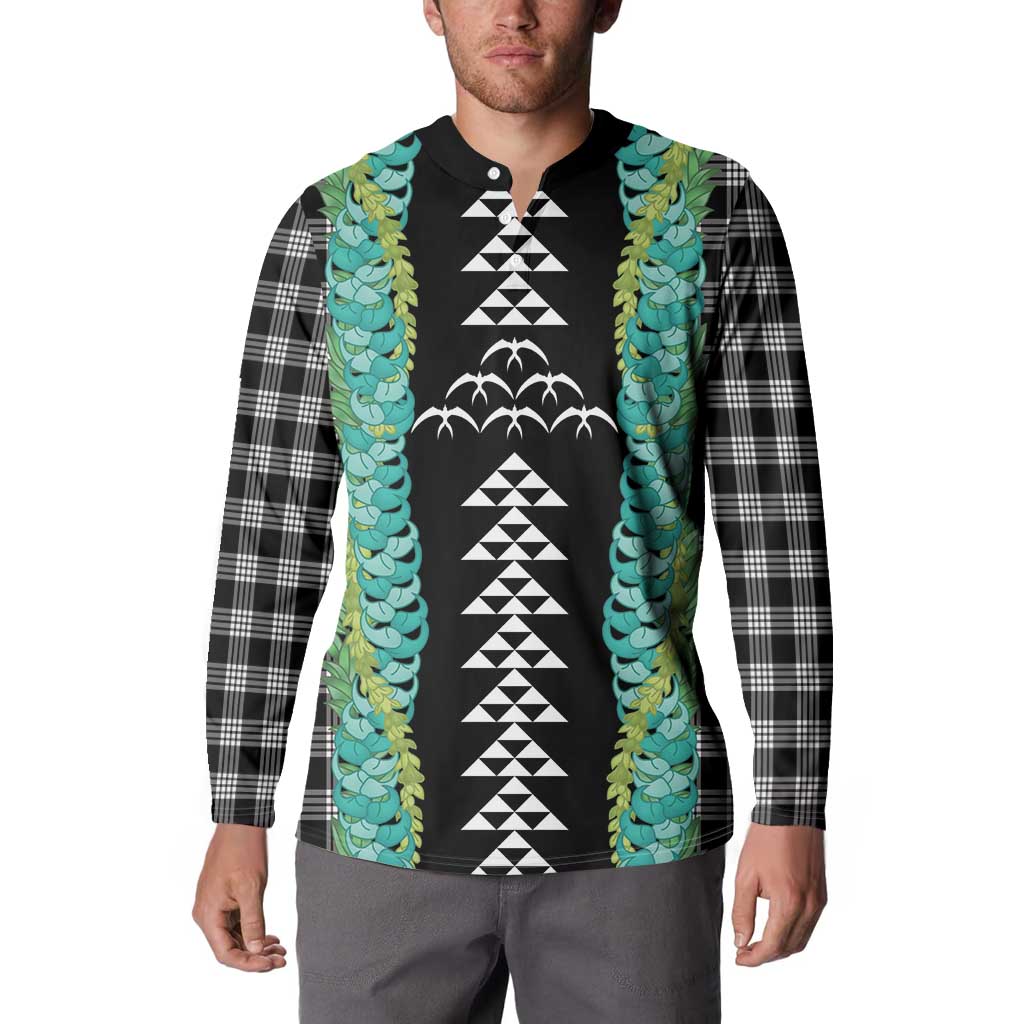 Black Palaka Hawaii Iwa Bird Button Sweatshirt Hawaiian Kakau Jade Vine Lei - Polynesian Pride