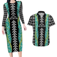 Black Palaka Hawaii Iwa Bird Couples Matching Long Sleeve Bodycon Dress and Hawaiian Shirt Hawaiian Kakau Jade Vine Lei LT14 Black - Polynesian Pride