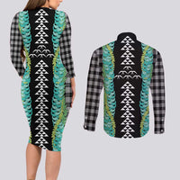 Black Palaka Hawaii Iwa Bird Couples Matching Long Sleeve Bodycon Dress and Long Sleeve Button Shirt Hawaiian Kakau Jade Vine Lei LT14 - Polynesian Pride