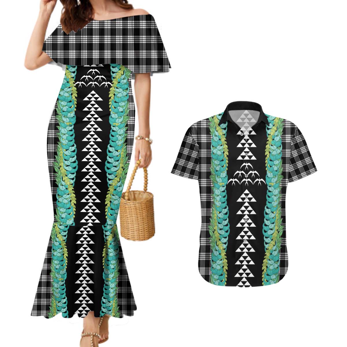 Black Palaka Hawaii Iwa Bird Couples Matching Mermaid Dress and Hawaiian Shirt Hawaiian Kakau Jade Vine Lei - Polynesian Pride
