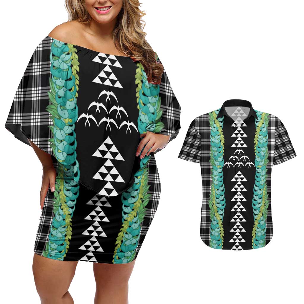 Black Palaka Hawaii Iwa Bird Couples Matching Off Shoulder Short Dress and Hawaiian Shirt Hawaiian Kakau Jade Vine Lei LT14 Black - Polynesian Pride