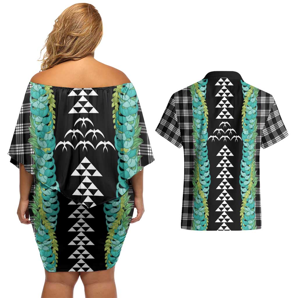 Black Palaka Hawaii Iwa Bird Couples Matching Off Shoulder Short Dress and Hawaiian Shirt Hawaiian Kakau Jade Vine Lei LT14 - Polynesian Pride