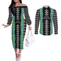Black Palaka Hawaii Iwa Bird Couples Matching Off The Shoulder Long Sleeve Dress and Long Sleeve Button Shirt Hawaiian Kakau Jade Vine Lei LT14 Black - Polynesian Pride