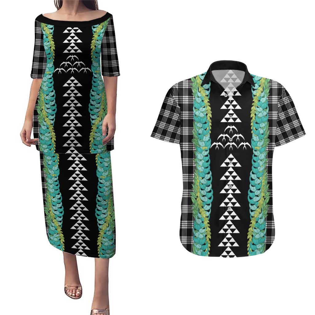 Black Palaka Hawaii Iwa Bird Couples Matching Puletasi and Hawaiian Shirt Hawaiian Kakau Jade Vine Lei - Polynesian Pride