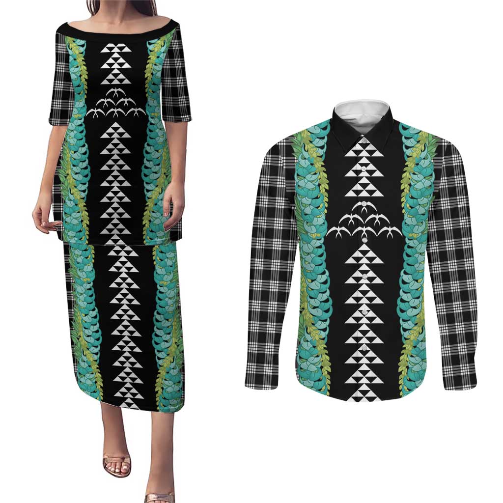 Black Palaka Hawaii Iwa Bird Couples Matching Puletasi and Long Sleeve Button Shirt Hawaiian Kakau Jade Vine Lei - Polynesian Pride