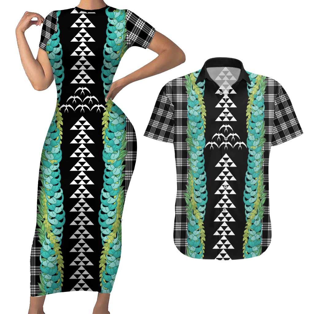 Black Palaka Hawaii Iwa Bird Couples Matching Short Sleeve Bodycon Dress and Hawaiian Shirt Hawaiian Kakau Jade Vine Lei - Polynesian Pride