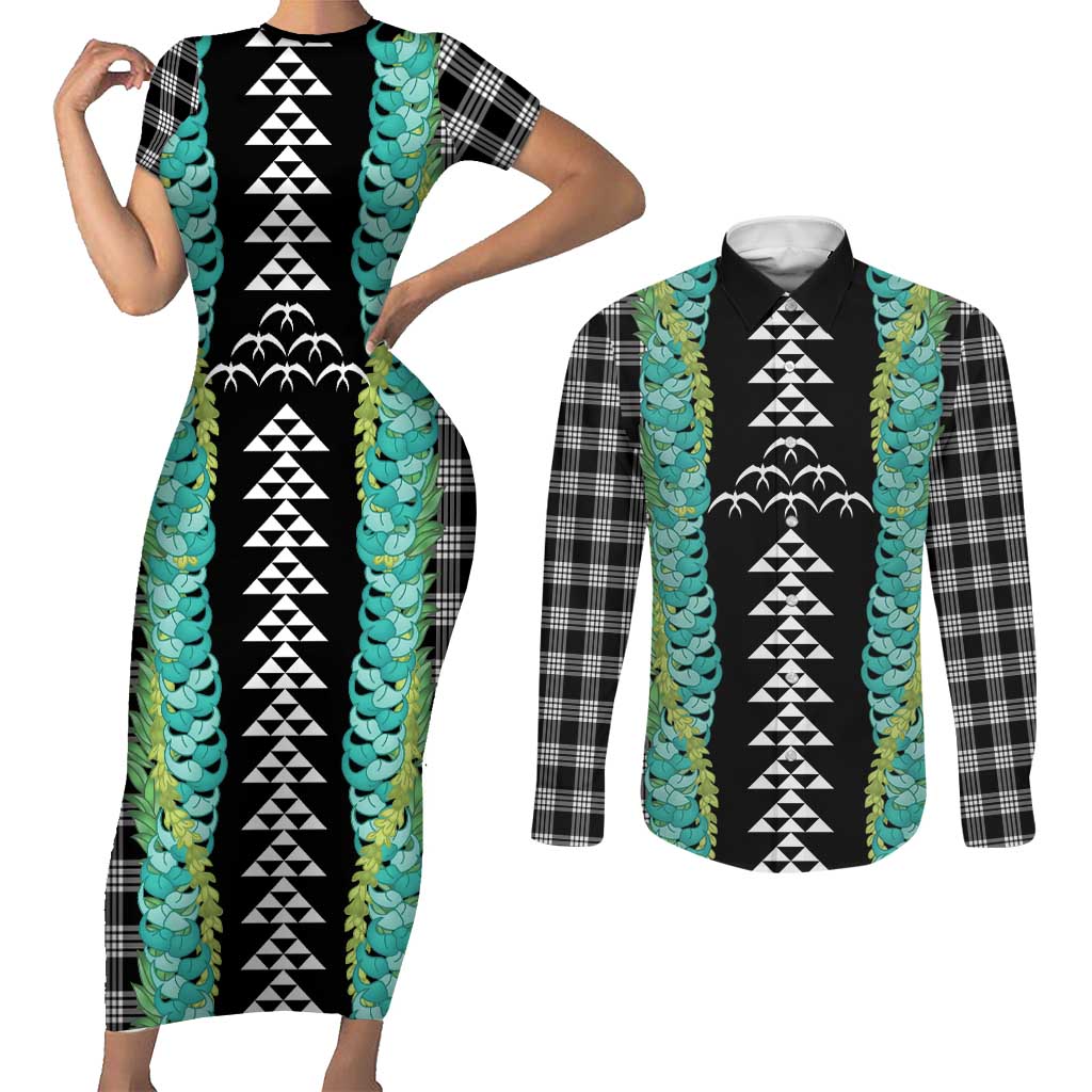 Black Palaka Hawaii Iwa Bird Couples Matching Short Sleeve Bodycon Dress and Long Sleeve Button Shirt Hawaiian Kakau Jade Vine Lei - Polynesian Pride