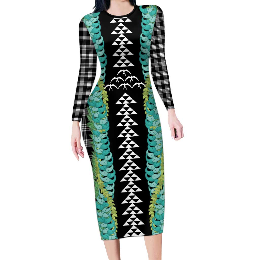 Black Palaka Hawaii Iwa Bird Family Matching Long Sleeve Bodycon Dress and Hawaiian Shirt Hawaiian Kakau Jade Vine Lei LT14 Mom's Dress Black - Polynesian Pride