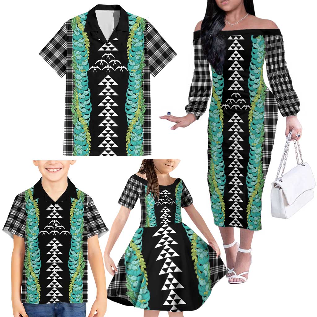 Black Palaka Hawaii Iwa Bird Family Matching Off The Shoulder Long Sleeve Dress and Hawaiian Shirt Hawaiian Kakau Jade Vine Lei LT14 - Polynesian Pride