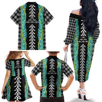 Black Palaka Hawaii Iwa Bird Family Matching Off The Shoulder Long Sleeve Dress and Hawaiian Shirt Hawaiian Kakau Jade Vine Lei LT14 - Polynesian Pride