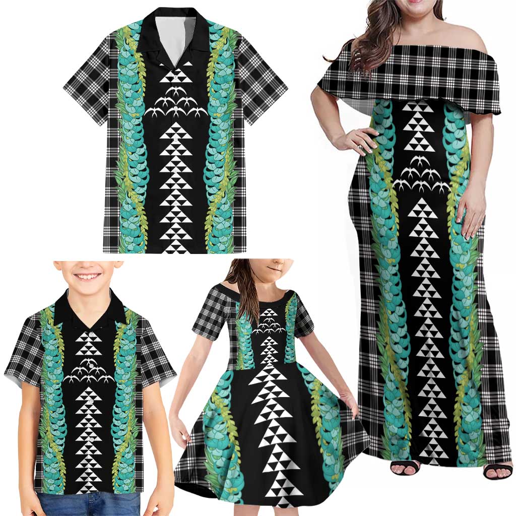 Black Palaka Hawaii Iwa Bird Family Matching Off Shoulder Maxi Dress and Hawaiian Shirt Hawaiian Kakau Jade Vine Lei LT14 - Polynesian Pride