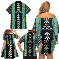 Black Palaka Hawaii Iwa Bird Family Matching Off Shoulder Short Dress and Hawaiian Shirt Hawaiian Kakau Jade Vine Lei LT14 - Polynesian Pride